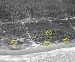 Hornbæk Batteri Luftfoto visende kanonernes oprindelige placering på kysten